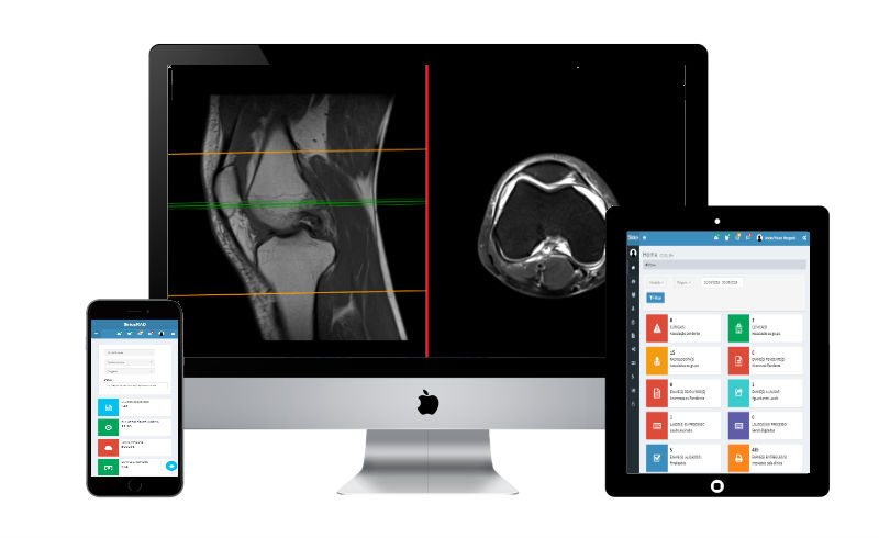 Cross-platform medical imaging software showing X-ray analysis on desktop, tablet, and mobile devices